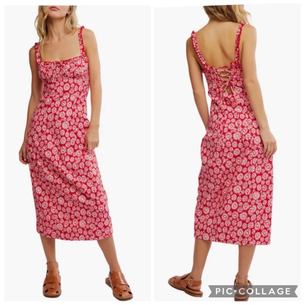 Free People Lucinda‎ Floral Midi Dress Tomato Daisy Red L